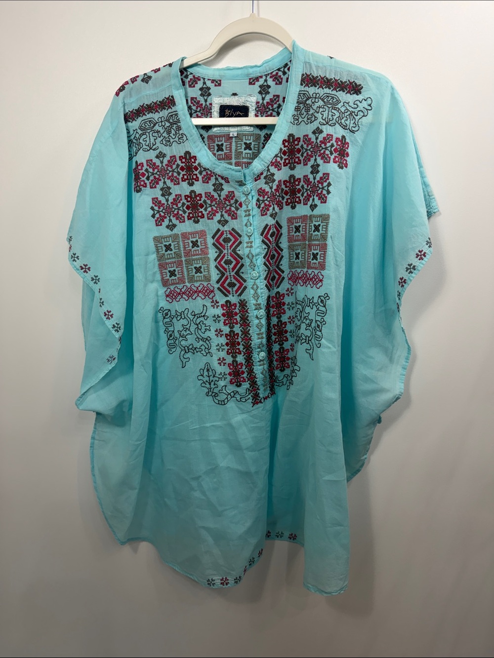 Johnny Was Biya Lavina embroidered blue tunic  top size large.